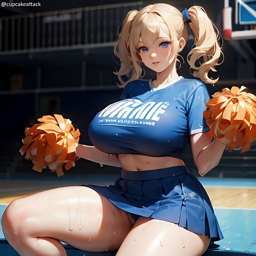 1girls ai_generated blonde_female blonde_hair blonde_hair_female blue_clothes blue_eyes blue_eyes_female blue_skirt cheerleader cheerleader_costume cheerleader_outfit cheerleader_uniform female pantsu sitting_on_ground twintails