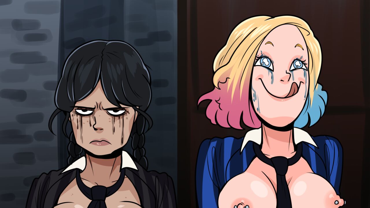 black hair, blonde hair, blue eyes, breasts, clothed, dark skin, dark-skinned female, emma myers, enid sinclair, female, female only, hellonearthiii, jenna ortega, light skin, light-skinned female, pierced nipples, piercing, runny makeup, smile, tears, the addams family, wednesday (netflix), wednesday addams