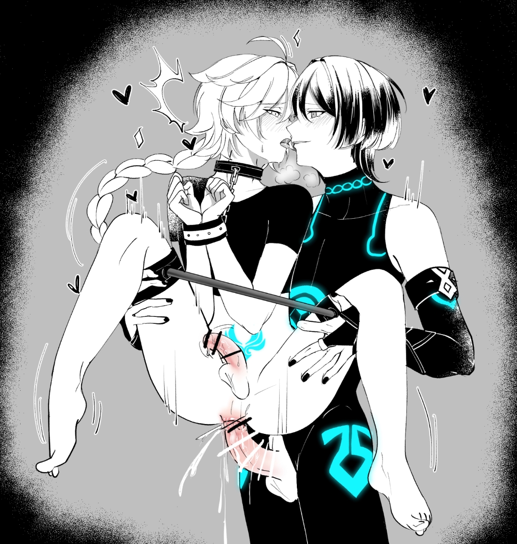 2boys, aether (genshin impact), black and white, carrying, carrying partner, carrying position, censor bar, censored, dominant male, femboy, genshin impact, hoyoverse, male, male focus, male only, manipulation, mihoyo, penis, penis size difference, scaramouche (genshin impact), submissive male, tied up, tongue kiss, yaoi