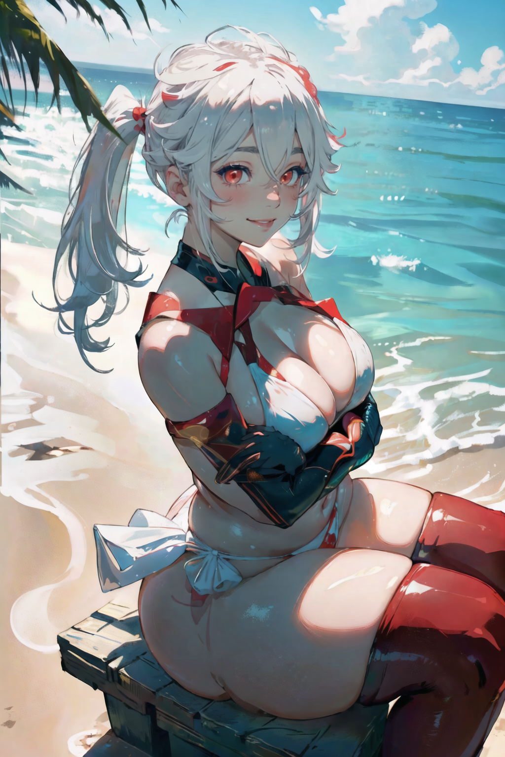 1girls ai_generated bikini female genderswap_(mtf) genshin_impact kaedehara_kazuha red_eyes rule_63 space_o_space stable_diffusion twintails white_hair