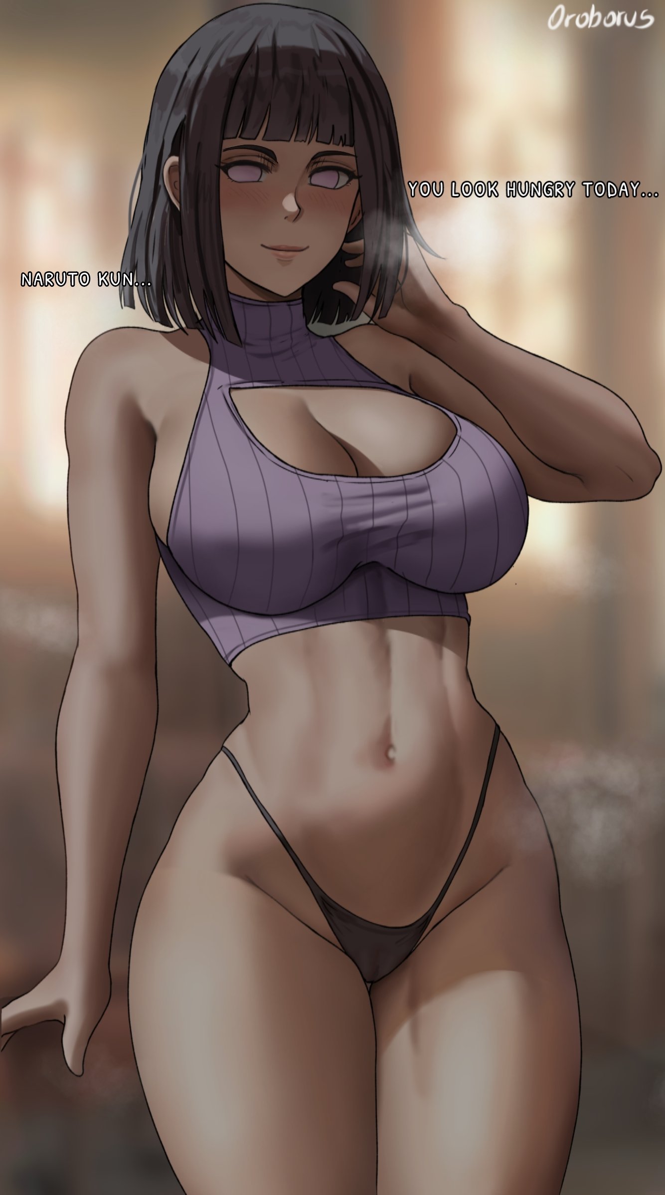 1girls black_hair boruto:_naruto_next_generations breasts crop_top english_text female hyuuga_hinata large_breasts light-skinned_female light_skin mature_female midriff milf mother naruto naruto_(series) naughty_face oroborusart pale-skinned_female pale_skin panties savagexthicc short_hair smile thighs