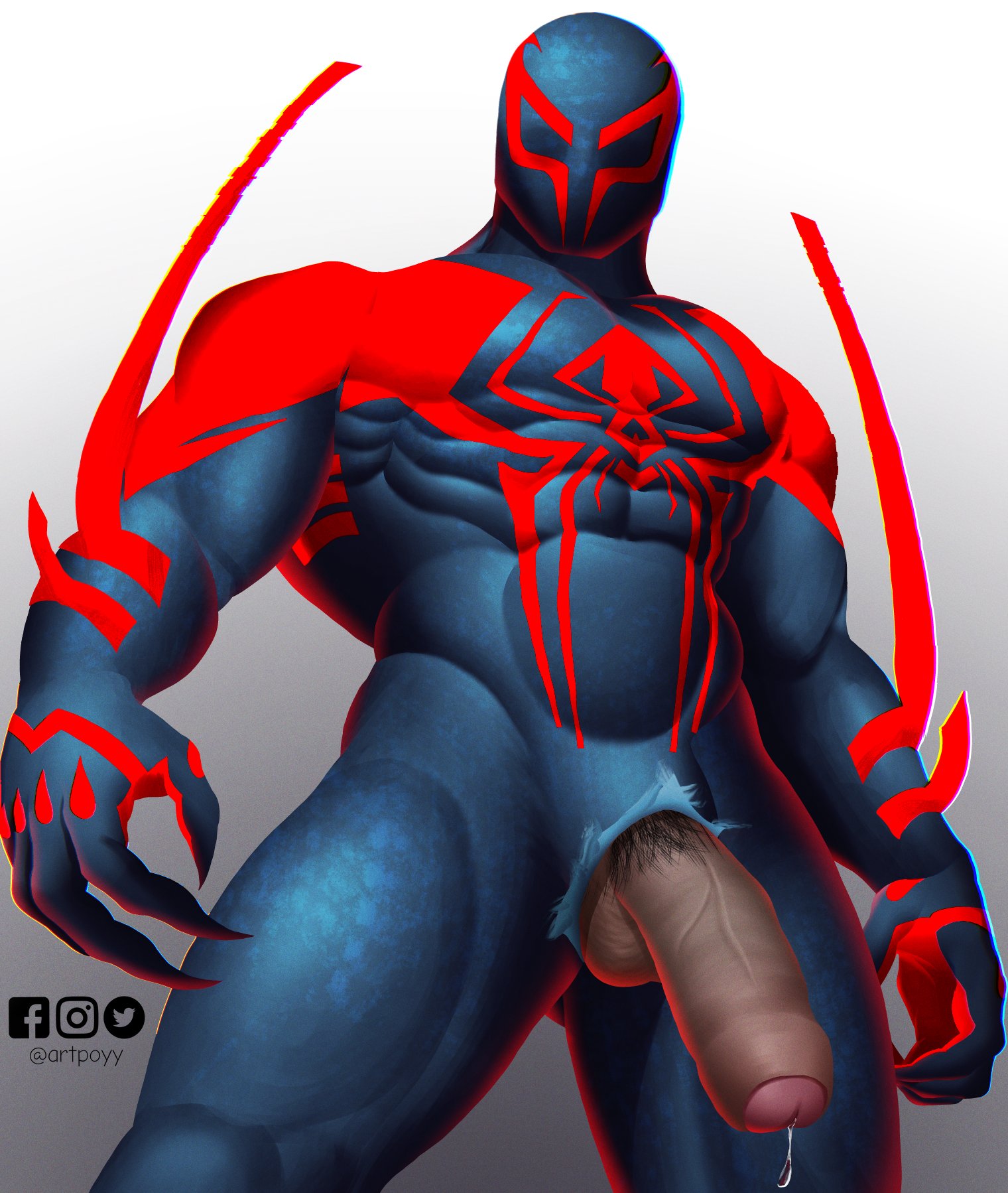 1boy, abs, alternate version available, artist name, artpoyy, balls, bara, biceps, big penis, claws, costume, dark skin, dark-skinned male, flaccid, foreskin, genital fluids, genitals, hairy, looking at viewer, looking down, male, male only, marvel, marvel comics, miguel o'hara, muscles, muscular, muscular male, pecs, penis, penis bulge, penis out, precum, precum drip, pubes, pubic hair, social media, solo, solo male, spider-man, spider-man (series), spider-man 2099, spider-man: across the spider-verse, spider-man: into the spider-verse, standing, thick penis, tight clothing, torn clothes, torn clothing, uncircumcised, uncut, viewed from below, watermark, yaoi, yop5281
