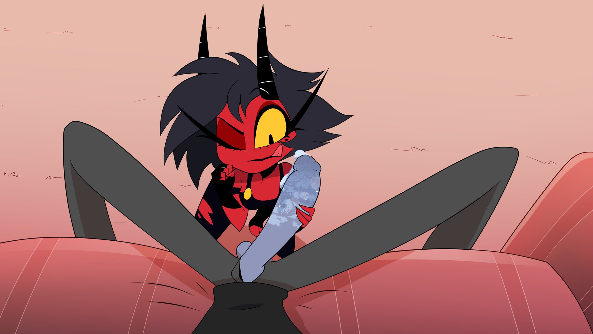 1boy, 1girls, accurate art style, balls, beauty mark, big penis, black eyes, black hair, blue cum, cheating, cheating wife, clothing, colored cum, cum, deadinside97, demon, demon girl, demon horns, eyelashes, fellatio, female, hair, helluva boss, horn, huge cock, imp, licking, licking lips, long penis, male, male pov, millie (helluva boss), mole under eye, oral, pants, partial male, penis, pov, red body, red skin, shirt, straight, yellow sclera