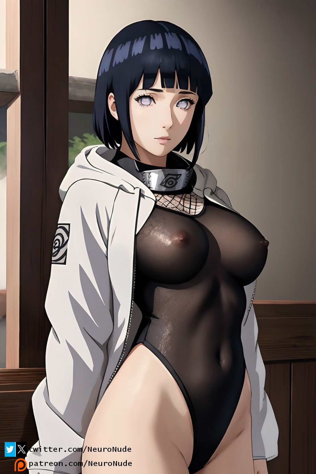 1girls ai_generated big_breasts bodysuit female fishnets hyuuga_hinata naruto naruto_(series) naruto_shippuden neuronude no_pupils see-through see-through_clothing short_hair solo solo_focus