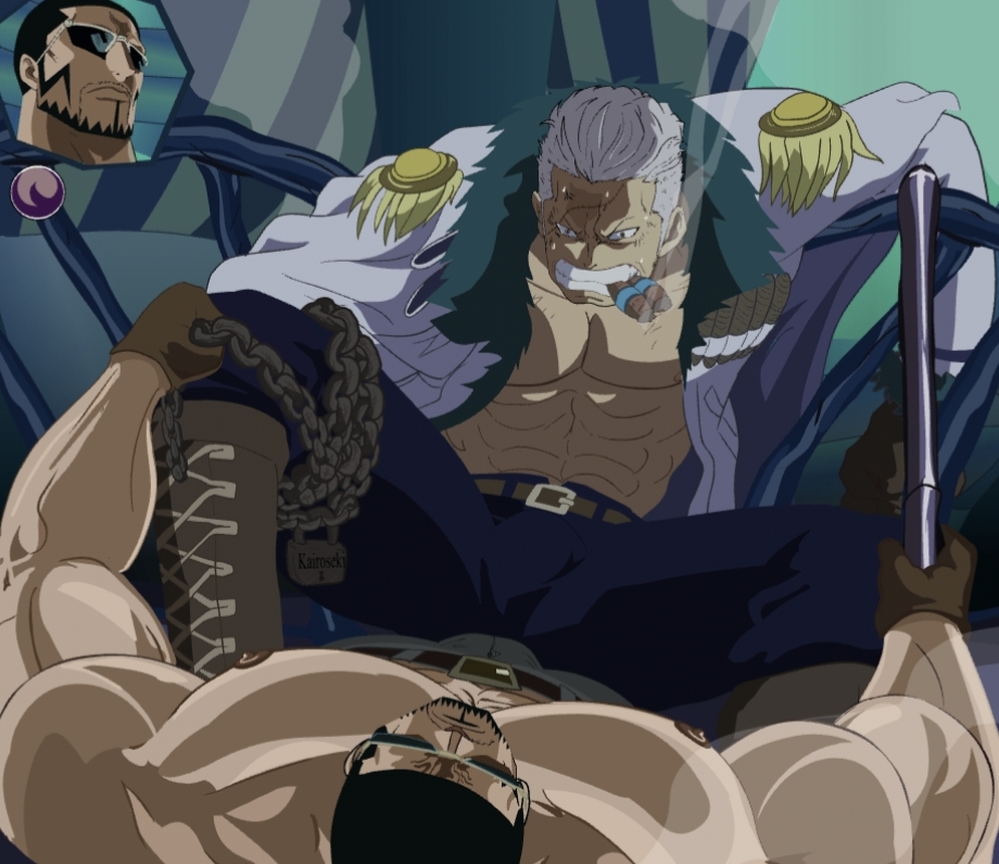 abs bara beard big_pecs boots dilf gay male male/male male_only one_piece partially_clothed smoker_(one_piece) vergo yaoi