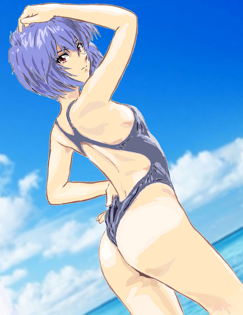 1girls, arm behind head, ass, beach, big ass, blue hair, breasts, bubble ass, bubble butt, female, female only, hand on own hip, legs, looking at viewer, looking back, model pose, neon genesis evangelion, ocean, one-piece swimsuit, pose, posing, red eyes, rei ayanami, sensual, short hair, sideboob, small breasts, swimsuit, thighs, thong swimsuit, water