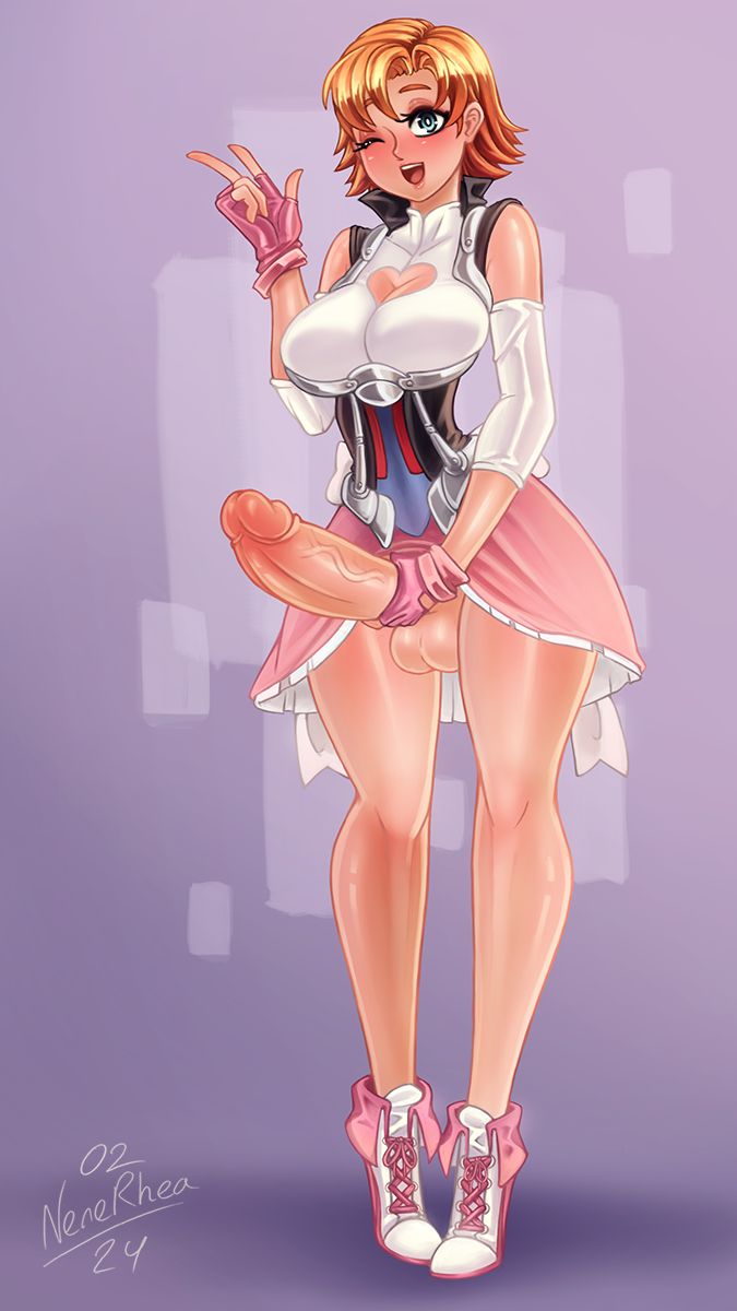 1futa, balls, big penis, boob window, bottomless, breasts, clothed, clothing, erection, futa only, futanari, high heels, holding penis, huge cock, human, intersex, large breasts, large penis, light skin, light-skinned futa, looking at viewer, mostly clothed, nenerhea, nora valkyrie, partially nude, peace sign, penis, rwby, short hair, smiling, solo, standing, thick thighs, wide hips