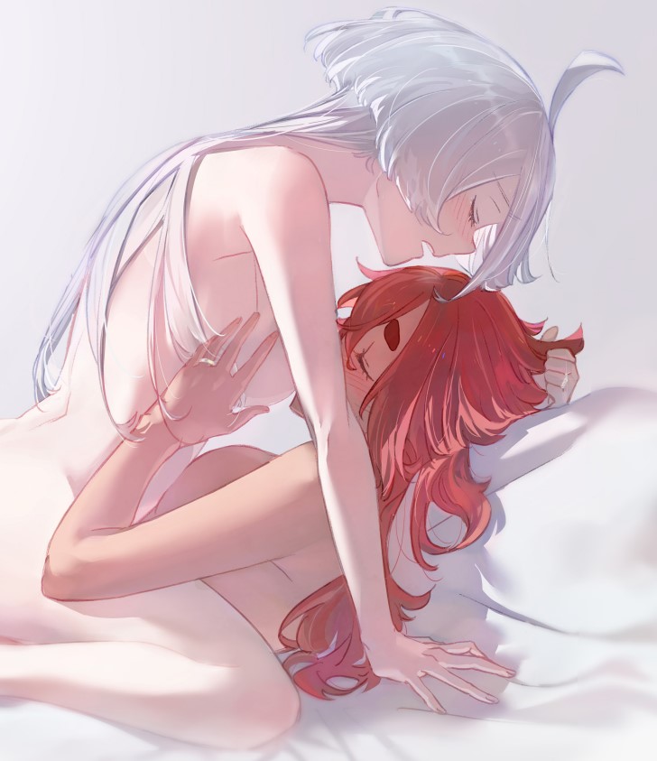 2girls, ahoge, anilu199077, bed, blush, breast press, breast sucking, breasts, canon couple, closed eyes, completely nude, female, gundam, gundam suisei no majo, hair grab, implied sex, intimate, long hair, looking pleasured, married couple, miorine rembran, nude, passionate, red hair, romantic, romantic couple, straddling, suletta mercury, wedding ring, white hair, wife and wife, yuri