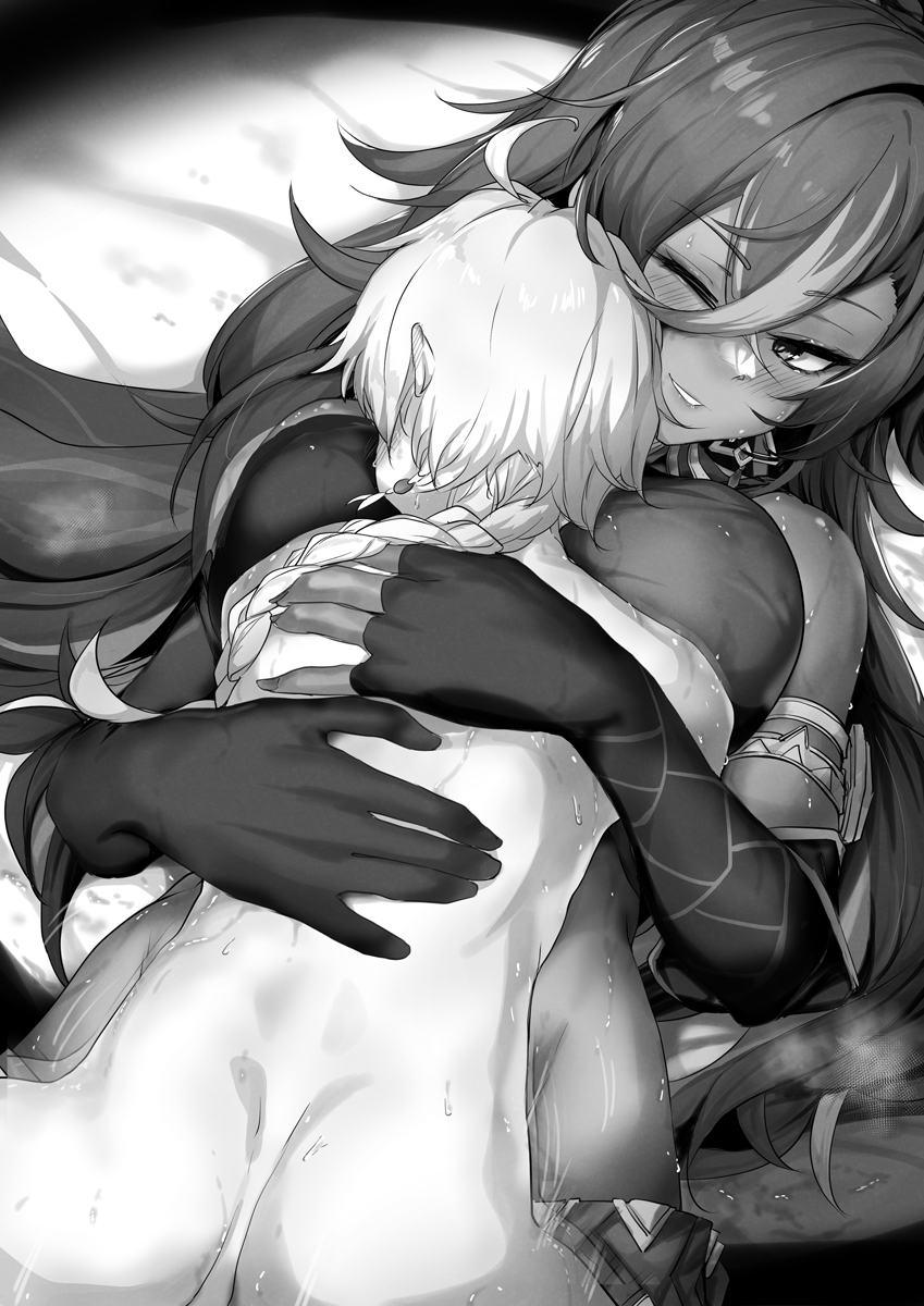 1boy 1girls aether_(genshin_impact) ass big_breasts blush bodily_fluids breasts dark-skinned_female dark_skin dehya_(genshin_impact) duo female genshin_impact huge_breasts hugging large_breasts light-skinned_male light_skin male monochrome nude nude_male osterei sex size_difference sweat vaginal_penetration