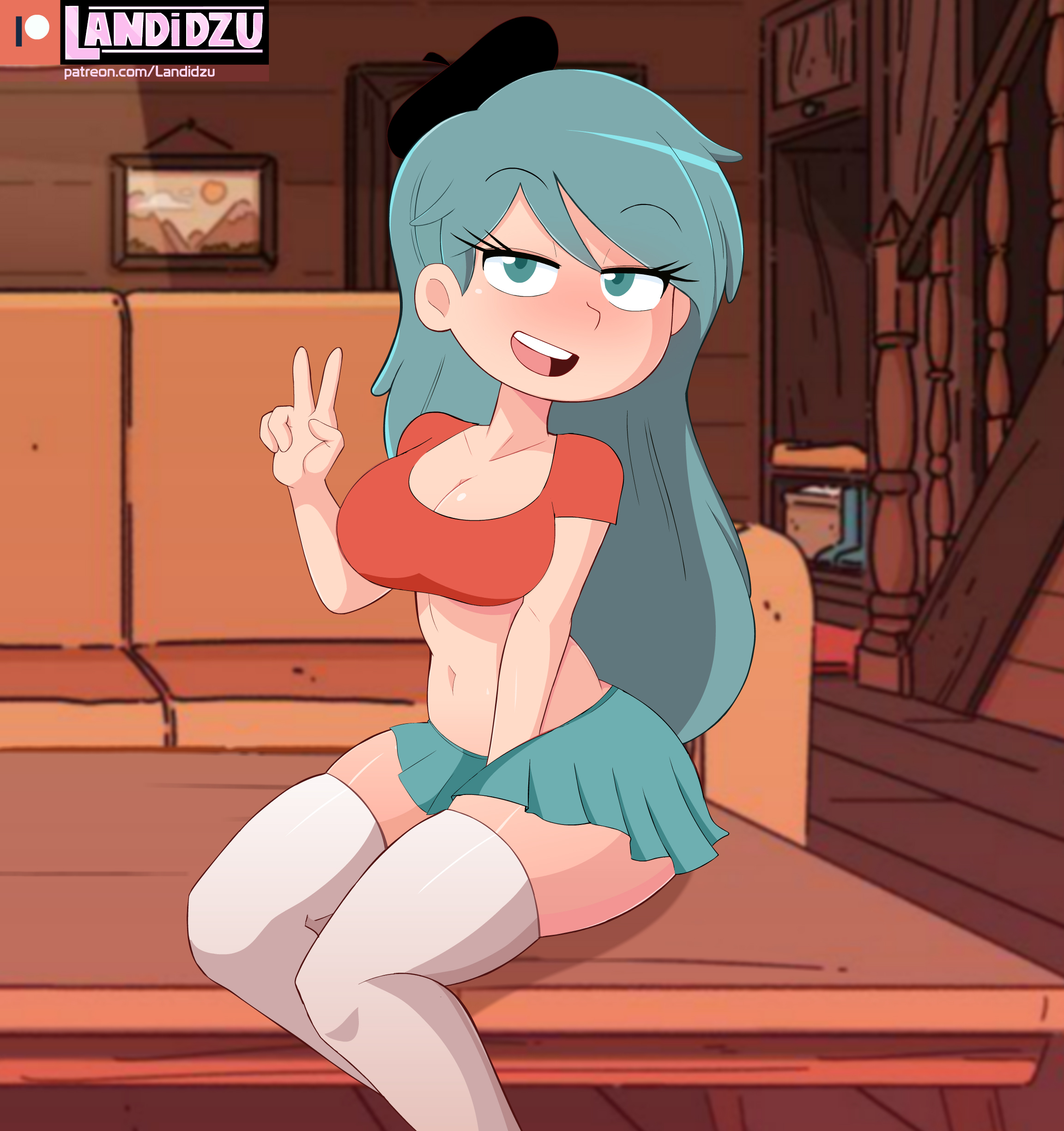 1girls, adult, adult female, aged up, big breasts, blue eyes, blue hair, breasts, busty, cleavage, clothed, clothing, female, female only, hat, hilda (hilda), hilda (series), landidzu, large breasts, long hair, looking at viewer, navel, open mouth, open smile, sitting, skirt, smile, solo, solo female, thick thighs, thighhighs, v, v sign, voluptuous, wide hips