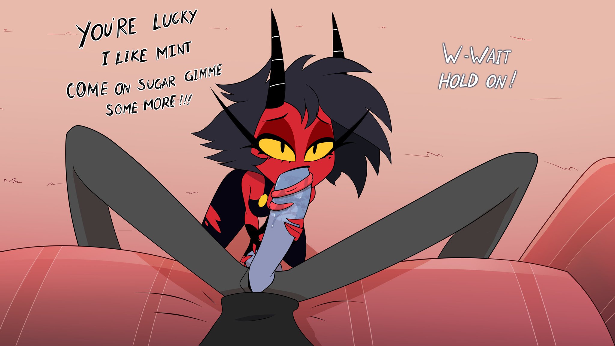 1boy, 1girls, accurate art style, balls, beauty mark, big penis, black eyes, black hair, cheating, cheating wife, clothing, deadinside97, demon, demon girl, demon horns, eyelashes, fellatio, female, hair, helluva boss, horn, huge cock, imp, long penis, male, male pov, millie (helluva boss), mole under eye, oral, pants, partial male, penis, pov, red body, red skin, shirt, straight, tongue, tongue out, yellow sclera