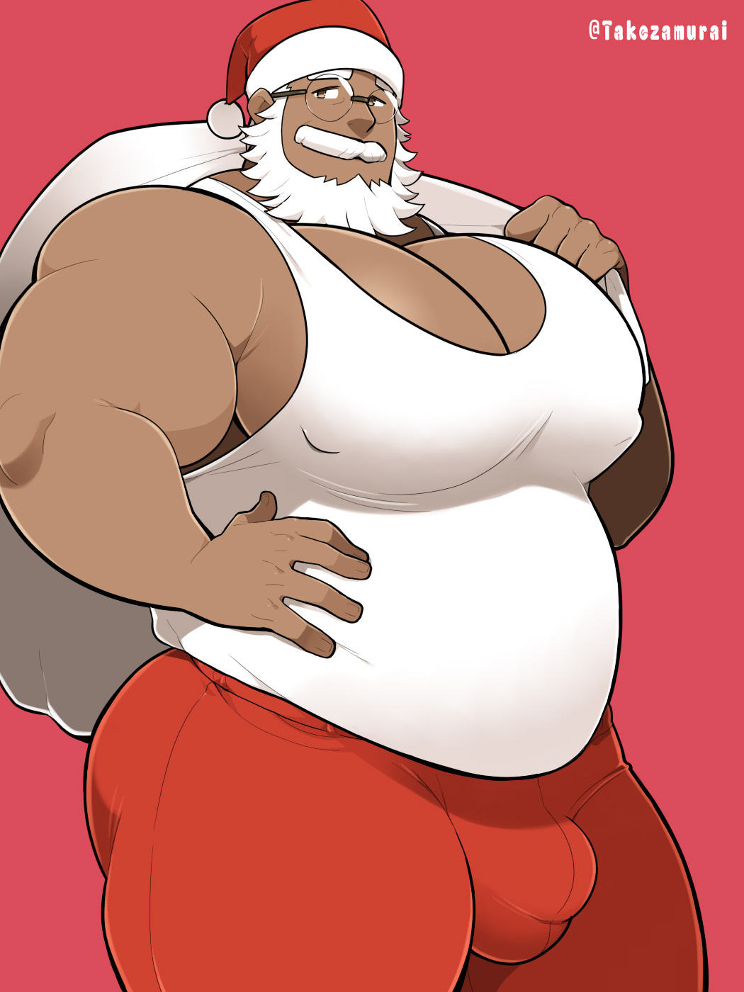 1boy bara bara_tiddies bara_tits big_chest big_pecs blush blushing_male dark-skinned_male gay gigantic_chest gigantic_pecs huge_chest huge_pecs large_pectorals male male_only man_boobs man_breasts massive_chest massive_pecs moobs santa santa_claus solo solo_male takezamurai