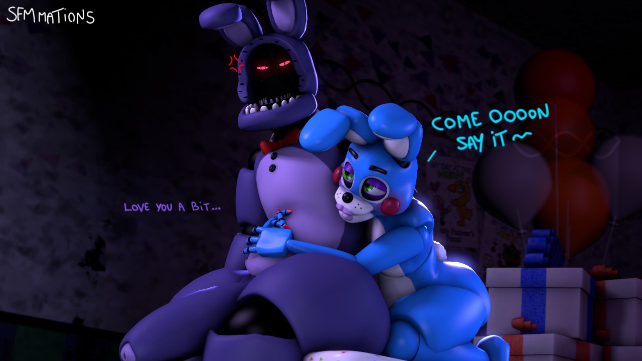 16:9 2023 3d_(artwork) angry animatronic anthro ass balloon big_butt big_penis black_nose blue_body blue_ears bow_tie buckteeth cross-popping_vein dialogue digital_media_(artwork) drawing duo embrace english_text five_nights_at_freddy's five_nights_at_freddy's_2 genitals gift green_eyes hug huge_cock hugging_from_behind inflatable inside kneeling lagomorph leporid long_ears machine male male_only mammal multicolored_body penis pink_eyes purple_body purple_ears rabbit red_bow_tie robot scottgames scut_tail sfmmations short_tail tail teeth text thick_thighs toy_bonnie toy_bonnie_(fnaf) two_tone_body white_body white_tail widescreen withered_bonnie