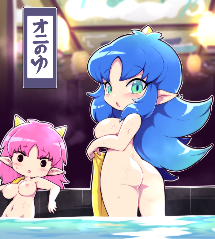 2girls ass character_request chibi completely_nude momotarou_densetsu multiple_girls nipples nollety pool yasha