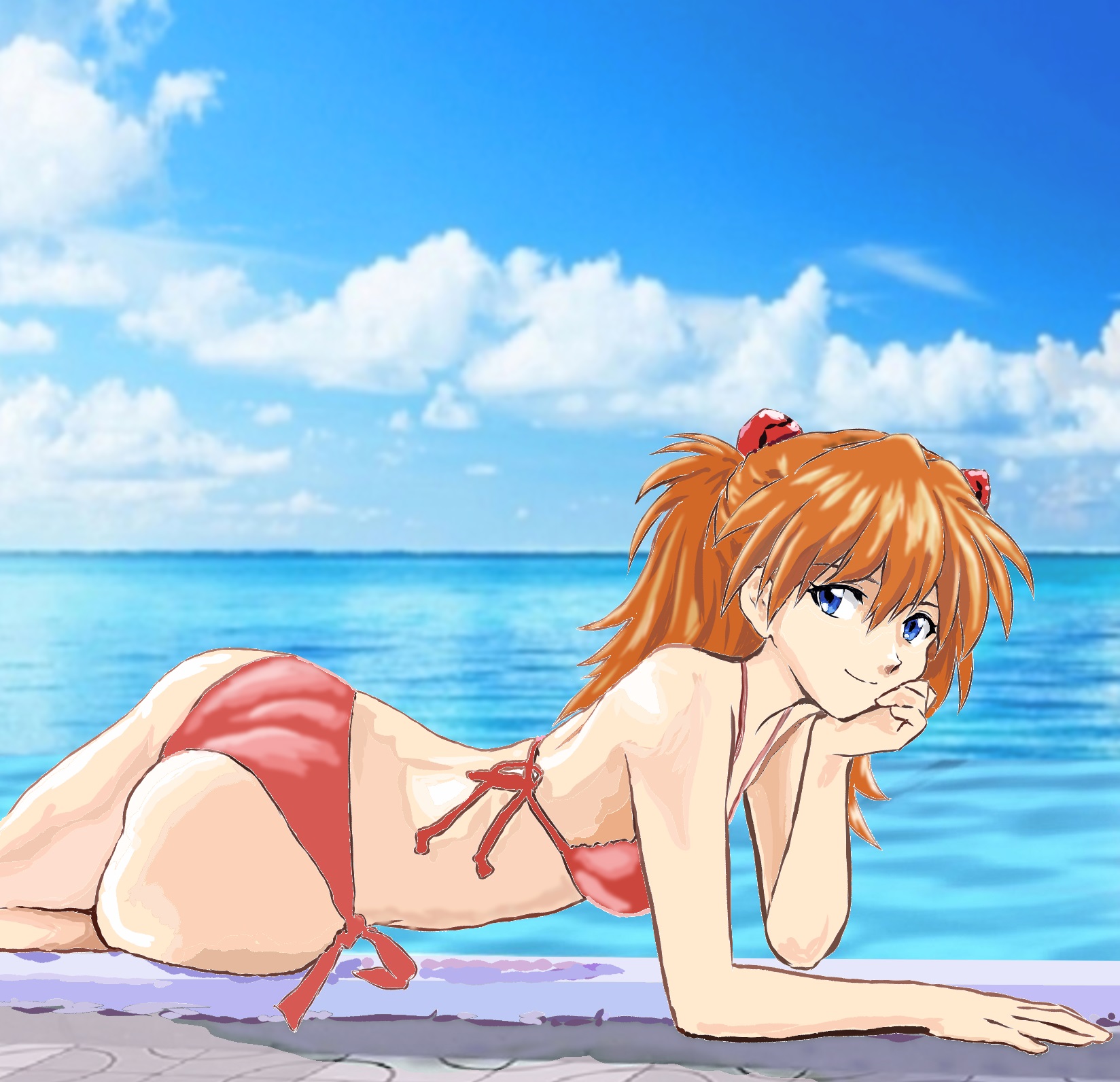 1girls, arm support, ass, asuka langley sohryu, big ass, bikini, blue eyes, blue sky, breasts, child bearing hips, day, fat ass, female, female only, highres, huge ass, legs, looking at viewer, lying, medium breasts, neon genesis evangelion, orange hair, pool, pose, posing, red bikini, seductive smile, sensual, shiny skin, side-tie bikini bottom, sideboob, sky, smile, solo, swimsuit, thick thighs, thighs, twintails, water, wide hips