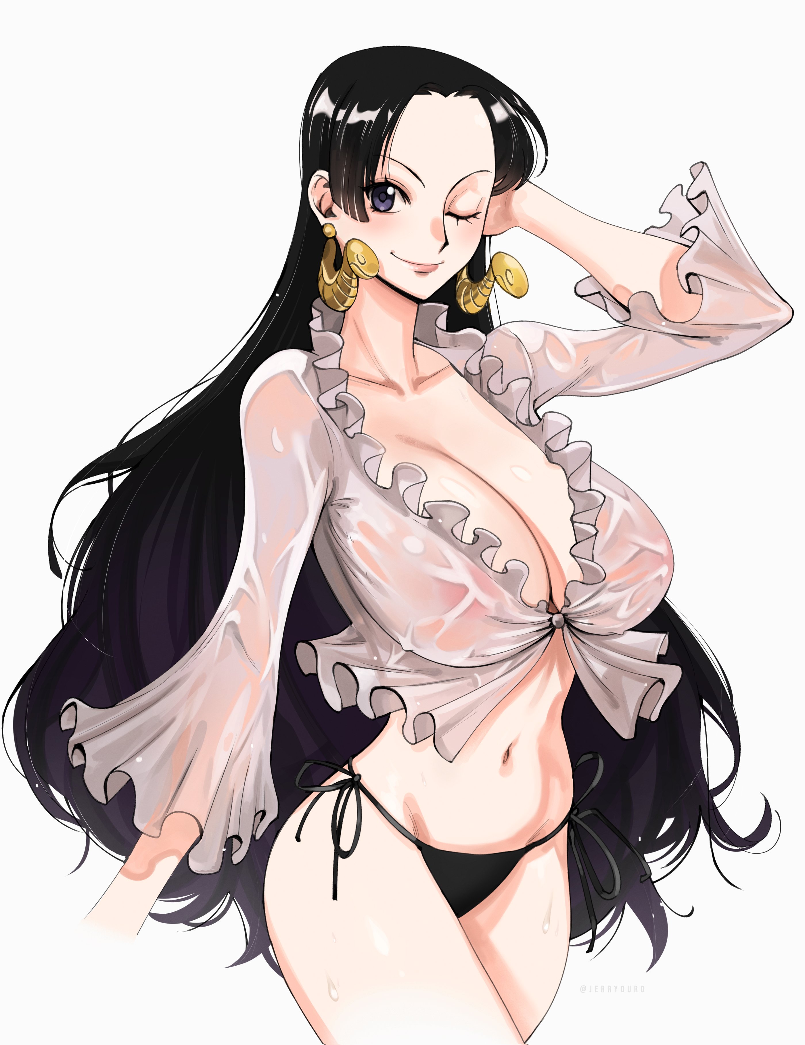 1girls, big breasts, bikini bottom, black hair, black-haired female, boa hancock, breasts, female, female only, jerrydurd, large breasts, long hair, looking at viewer, one piece, see-through, snake earrings, solo, wink