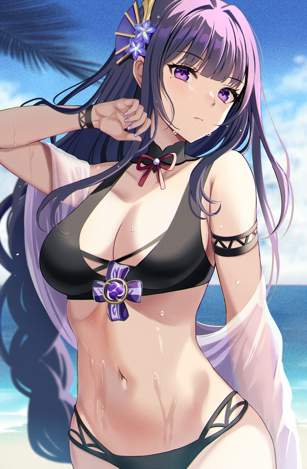 1girls bare_shoulders beach bikini black_bikini blue_sky braid braided_ponytail breasts cleavage collarbone female flower genshin_impact hair_flower hair_ornament harimoji highres large_breasts long_hair looking_at_viewer mole mole_under_eye navel outdoors purple_eyes purple_hair raiden_shogun sky solo swimsuit very_long_hair