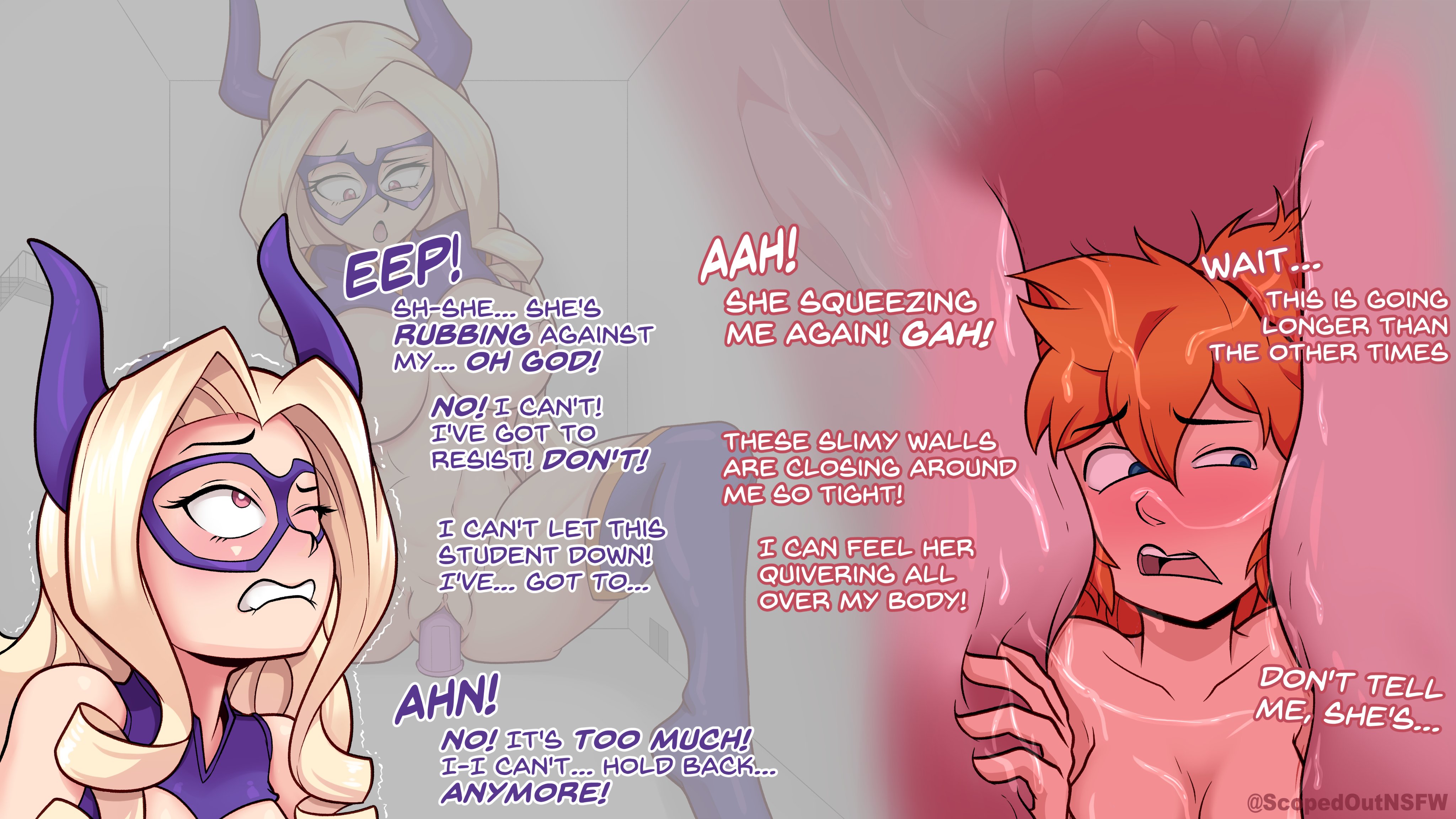 2girls, blonde hair, blue eyes, boku no hero academia, comic, english text, female, female only, inside pussy, itsuka kendou, kendou itsuka, light skin, mount lady, multiple females, multiple girls, my hero academia, naked, naked female, nude, nude female, orange hair, pussy, scopedout, side ponytail, takeyama yuu, text, unbirthing, vore, yuu takeyama