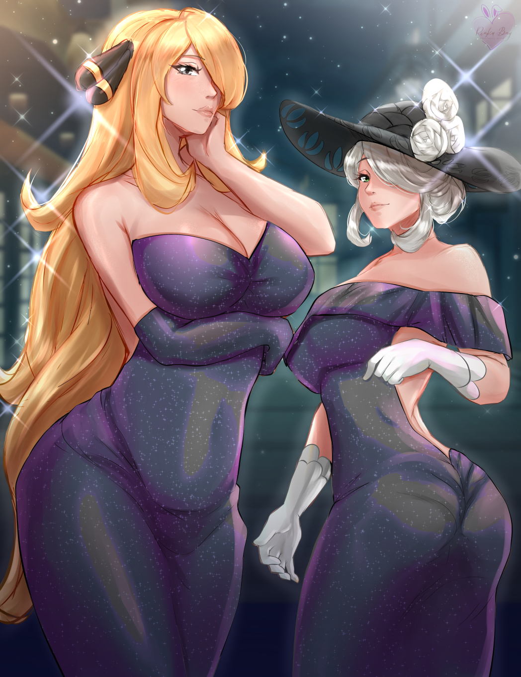 2023 2girls ancestor_and_descendant arm_under_breasts artist_name artist_signature ass back_cutout big_ass big_breasts black_headwear blonde_hair breasts child_bearing_hips cleavage cogita_(pokemon) curvaceous curvy curvy_female curvy_figure cynthia_(pokemon) dress duo duo_focus elbow_gloves female female_focus female_only game_freak gloves green_eyes grey_eyes hair_bun hair_ornament hair_over_one_eye hand_on_head hat hips indoors long_gloves long_hair looking_at_viewer mature mature_female milf nintendo old_woman pokemon pokemon_dppt pokemon_legends:_arceus purple_dress purple_gloves rinku_bny short_hair silver_hair smile sparkly_dress thick_thighs thighs voluptuous voluptuous_female watermark white_gloves wide_hips