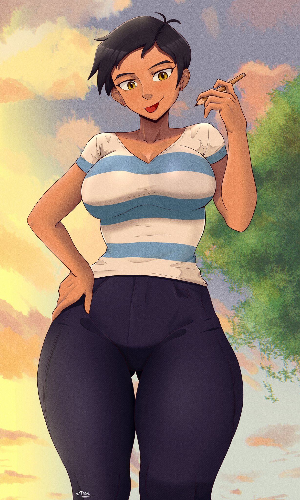 :p, 1girls, alternate costume, argentina, black hair, breasts, dark skin, dark-skinned female, dc, dc comics, female, large breasts, lois lane, lois lane (my adventures with superman), looking down, my adventures with superman, pants, pencil, short hair, smile, superman (series), thighs, tidal (artist), tomboy, tongue, tongue out, yellow eyes