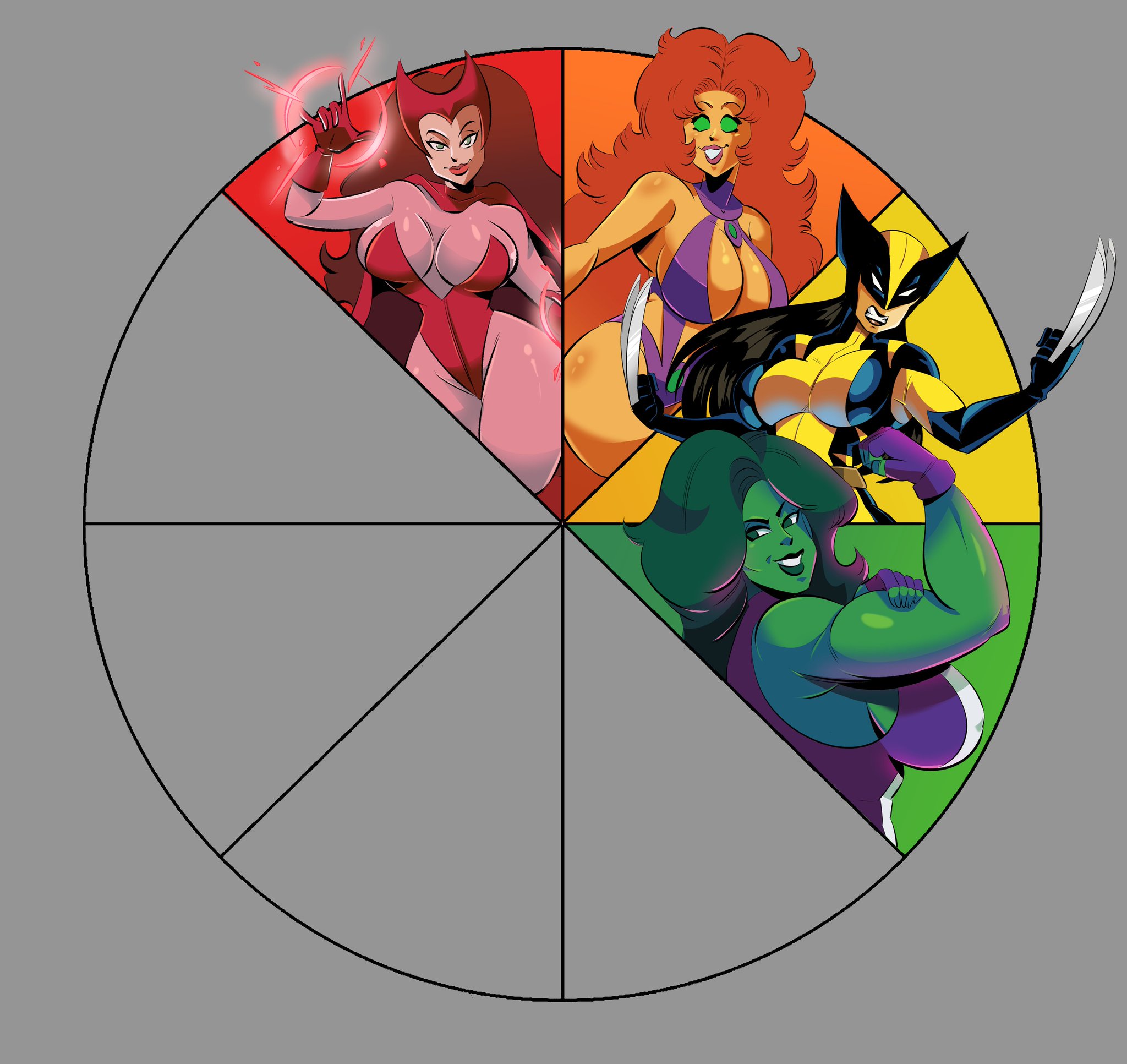 4girls, alien, alien girl, alien humanoid, ass, avengers, biceps, big ass, big breasts, breasts, brown hair, busty, cleavage, color wheel challenge, crossover, curvaceous, curvy, curvy figure, dark hair, dc, dc comics, digital drawing (artwork), digital media (artwork), eyebrows, eyelashes, eyes, female, female only, flexing, flexing bicep, giantess, glassfish, green body, green eyes, green hair, green skin, green-skinned female, hair, hips, hourglass figure, huge ass, huge breasts, hulk (series), human, koriand'r, large breasts, large female, laura kinney, light skin, light-skinned female, lips, marvel, marvel comics, mini giantess, multiple females, multiple girls, muscular, muscular female, mutant, mutant (marvel), orange body, orange skin, orange-skinned female, scarlet witch, she-hulk, slim waist, star wars, starfire, starfire (classic), starfire (comics), superheroine, tamaranean, teen titans, thick, thick hips, thick thighs, thighs, upper body, voluptuous, voluptuous female, waist, wanda maximoff, wide hips, wolverine (x-23), x-23, x-men