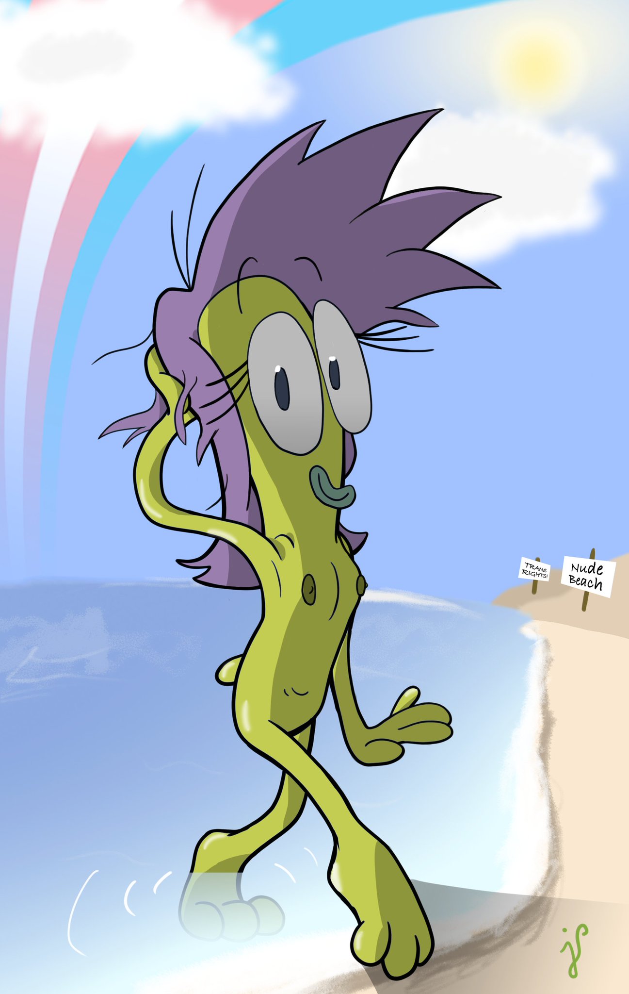 amphibian amphibian_humanoid anthro barefoot beach breasts frog green_skin gynomorph no_genitals nude ocean purple_hair rachel_bighead rocko's_modern_life signs small_breasts solo_focus toony transgender_pride_colors trixietoons