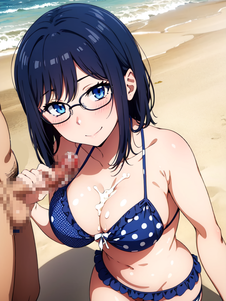 ai_generated beach big_breasts bikini breasts censored_penis cum cum_between_breasts cum_in_breasts cum_on_breasts glasses grabbing grabbing_penis holding holding_penis kneeling konori_mii pixelated_penis polka_dot_bikini sand sea smile smiling smiling_at_viewer to_aru_kagaku_no_railgun to_aru_majutsu_no_index