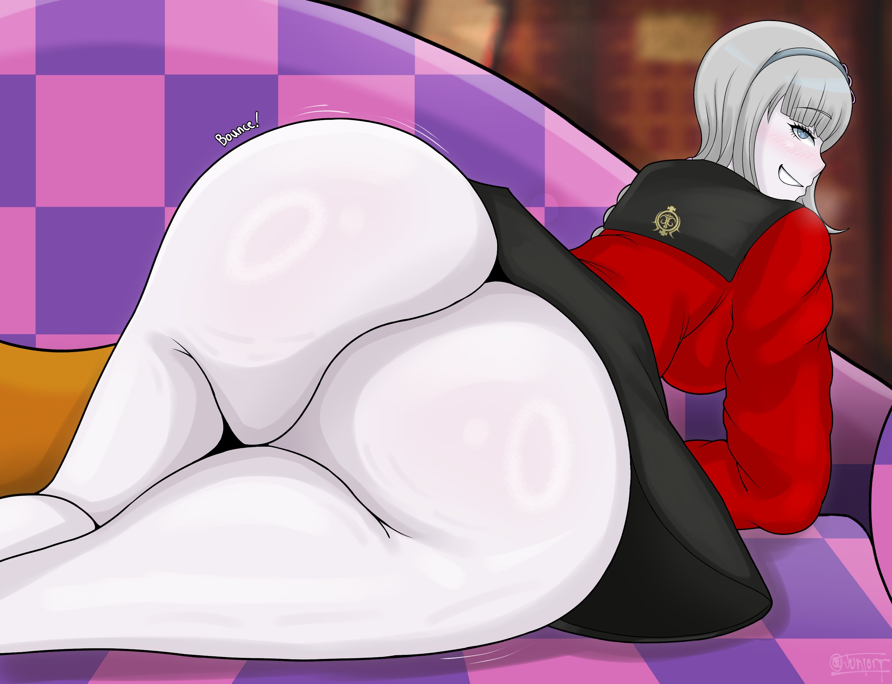 ass, ass body, big ass, couch, female, grey hair, grin, junior art , kurumi wendy, looking at viewer, looking back, master detective archives: rain code, school uniform, smiling at viewer, too kyo games