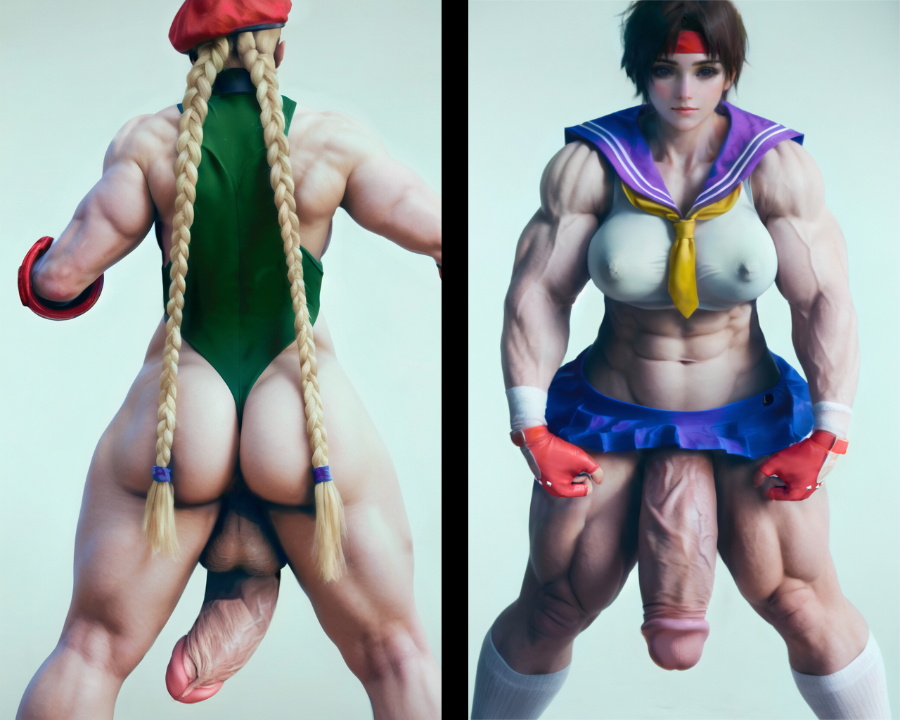 3d, abs, ai generated, ass, cammy white, female, flaccid, from behind, futa only, futanari, hdregrets, headband, huge cock, intersex, kneehighs, leotard, miniskirt, muscular, muscular futa, muscular thighs, penis, sailor collar, sakura kasugano, school uniform, schoolgirl, skirt, socks, stable diffusion, street fighter