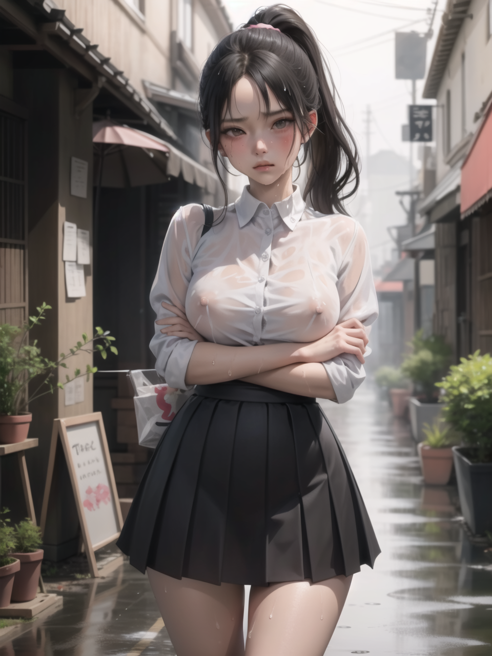 1girls ai_generated arms_crossed breasts crossed_arms eyumyum large_breasts looking_at_viewer nipples_visible_through_clothing ponytail school_uniform schoolgirl see-through see-through_clothing skirt stable_diffusion wet_clothing