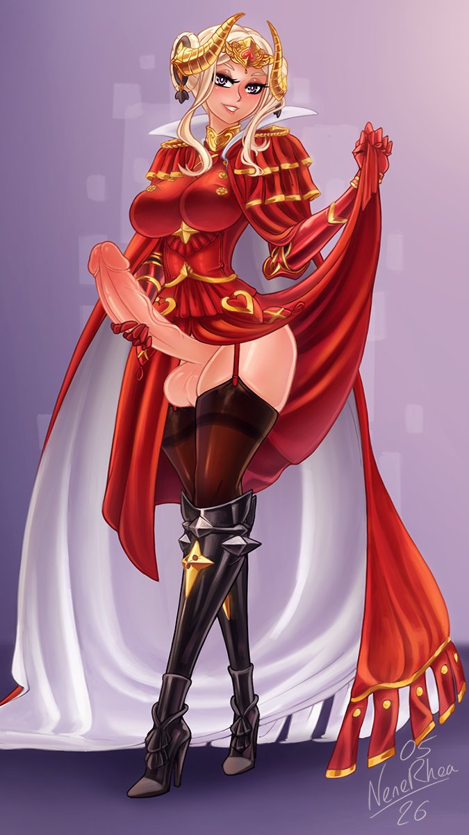 1futa, areolae, armor, balls, big breasts, big hips, big penis, breasts, clothed, clothing, curvy figure, edelgard von hresvelg, erection, fire emblem, fire emblem: three houses, futa only, futanari, gold hair, high heels, holding penis, human, intersex, large breasts, light skin, light-skinned futa, looking at viewer, mostly nude, nenerhea, nipples, penis, post-timeskip, purple eyes, short hair, smile, solo, standing, thick thighs, thighhighs, white hair, wide hips