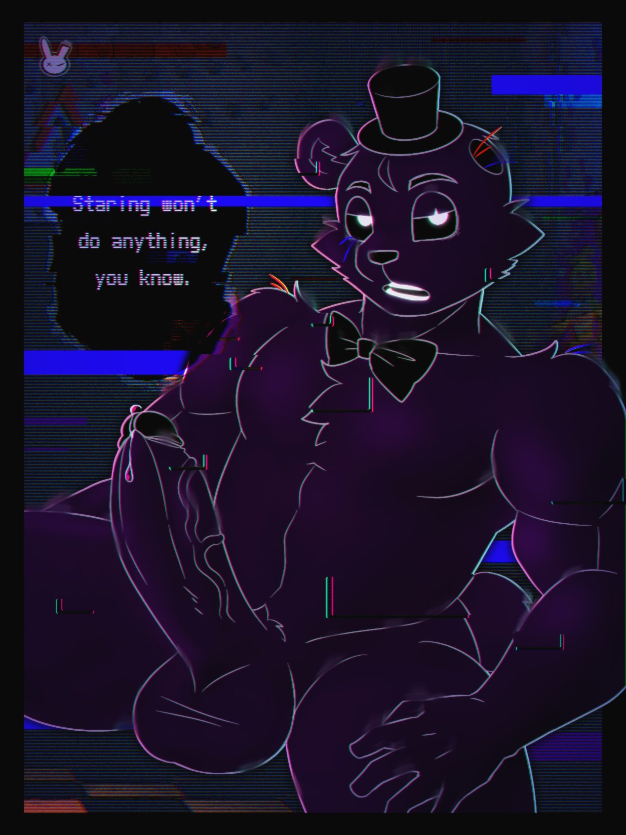 animatronic anthro balls bear big_penis black_eyes bodily_fluids bow_tie chest_tuft clothing dialogue digital_drawing_(artwork) digital_media_(artwork) five_nights_at_freddy's five_nights_at_freddy's_2 genital_fluids genitals glitch hand_on_leg hand_on_thigh hat headgear headwear hi_res hornbunxx leaking_precum looking_at_viewer machine male male_only mammal missing_ear musclegut muscular muscular_male nude open_mouth penis precum pubes pupils purple_body robot scottgames shadow shadow_freddy shadow_freddy_(fnaf) sitting solo speech_bubble teeth text top_hat tuft vein veiny_penis watermark white_pupils wire