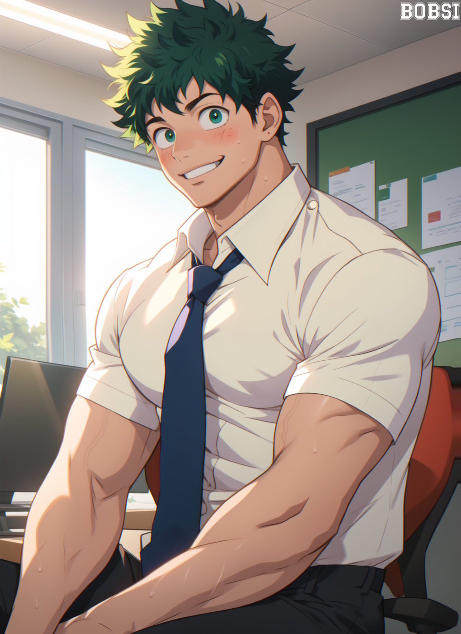 1boy ai_generated blush blushing_at_viewer blushing_male bobsi clothed fit fit_male gay izuku_midoriya male male_only midoriya_izuku muscles muscles_through_clothes muscular muscular_male my_hero_academia pecs solo solo_focus solo_male strong yaoi