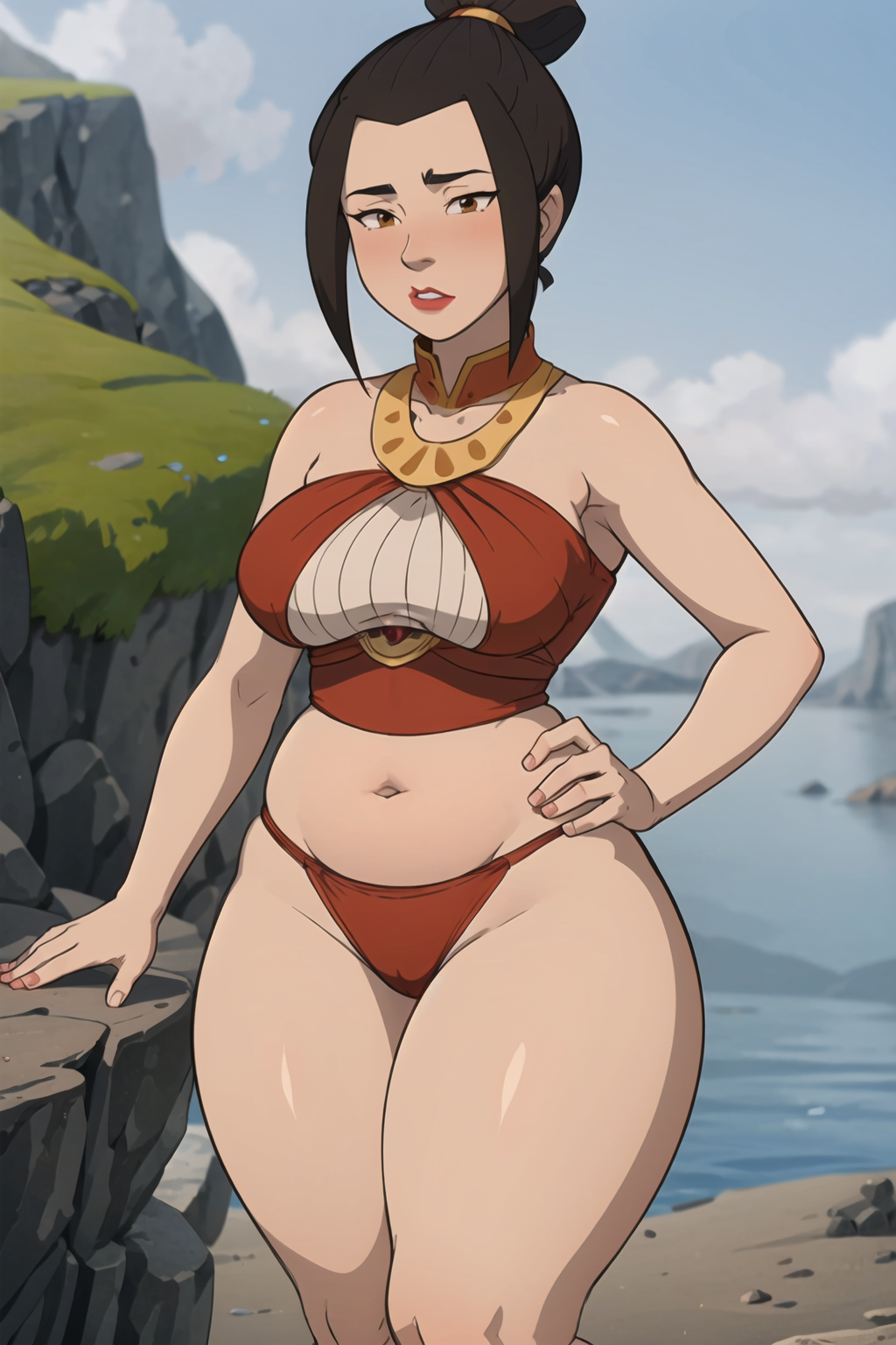 1girls ai_generated avatar_legends avatar_the_last_airbender azula brown_hair female female_only fire_nation gardener_ai lipstick makeup revealing_clothes skimpy solo stable_diffusion swimsuit thick_thighs topknot wide_hips