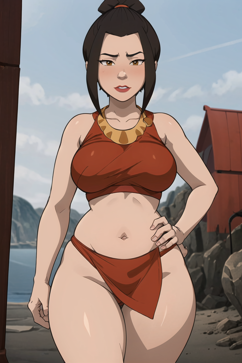 1girls ai_generated avatar_legends avatar_the_last_airbender azula brown_hair female female_only fire_nation gardener_ai lipstick loincloth makeup pelvic_curtain revealing_clothes skimpy solo stable_diffusion swimsuit thick_thighs topknot wide_hips