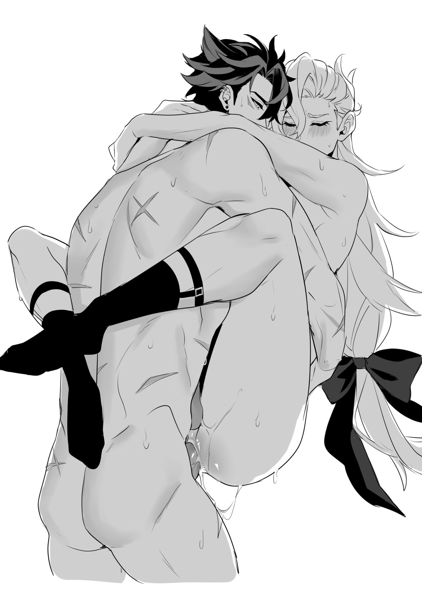 2boys, anal, anal penetration, anal sex, cum, cum drip, gay, genshin impact, long hair, male, male focus, male only, muscles, muscular, muscular male, naked, neuvillette (genshin impact), nude, scars all over, sushisalmon95, sweaty body, wriothesley (genshin impact), yaoi
