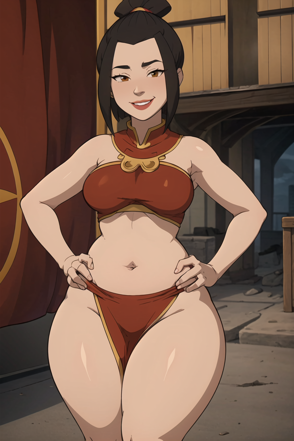 1girls ai_generated avatar_legends avatar_the_last_airbender azula brown_hair female female_only fire_nation gardener_ai lipstick loincloth makeup pelvic_curtain revealing_clothes skimpy solo stable_diffusion swimsuit thick_thighs topknot wide_hips