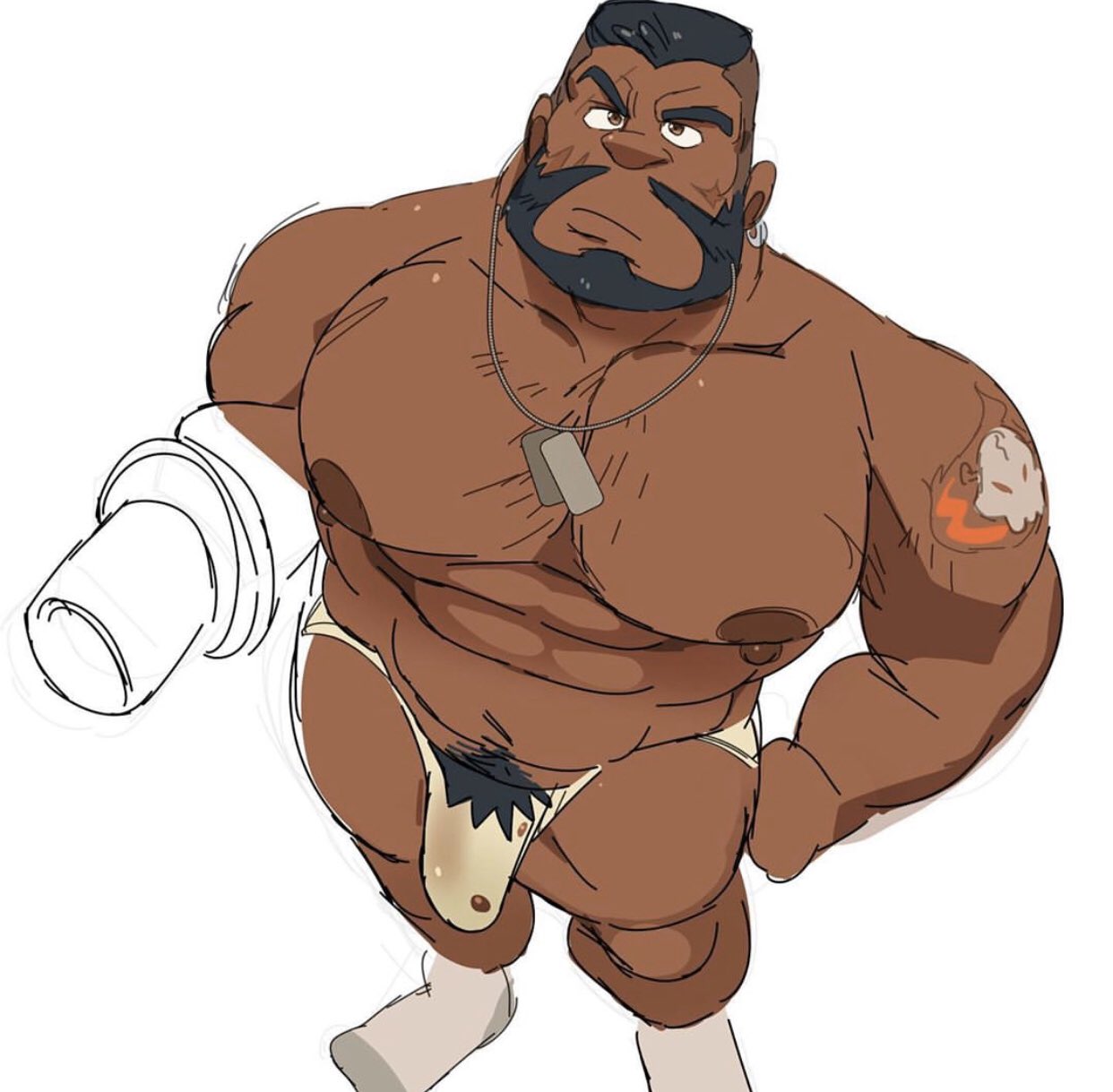 balls bara barret_wallace beard black_hair bulge dark-skinned_male dark_skin facial_hair final_fantasy final_fantasy_vii loneliestbara male male_only muscles muscular penis prosthetic_arm solo solo_male underwear