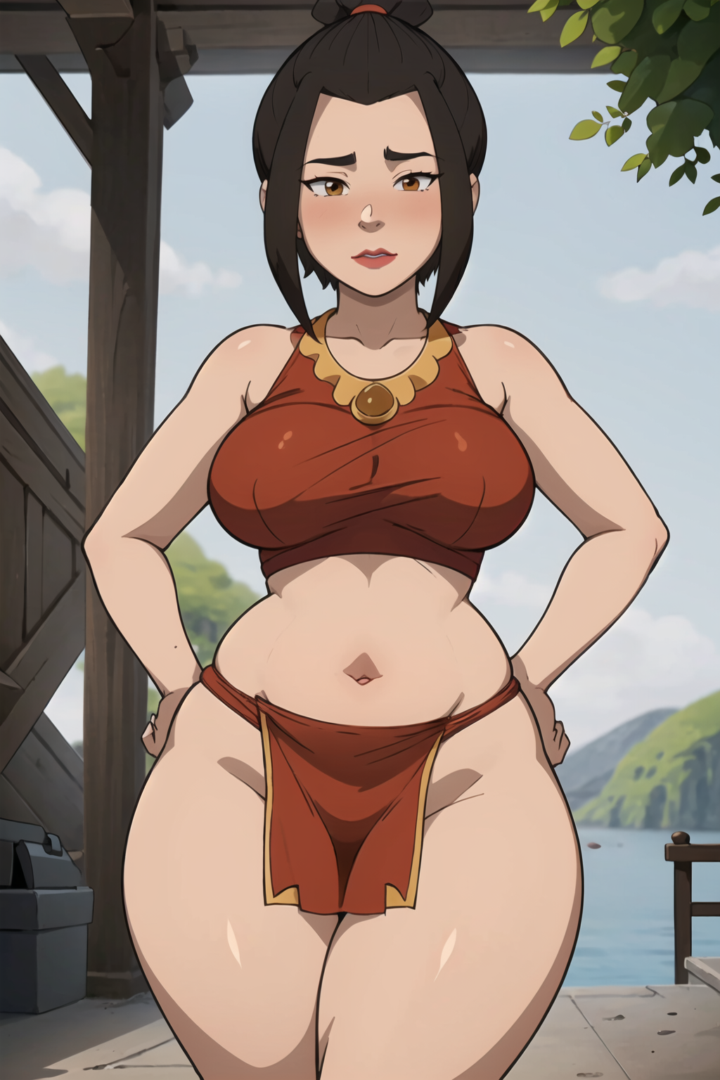 1girls ai_generated avatar_legends avatar_the_last_airbender azula brown_hair female female_only fire_nation gardener_ai lipstick makeup revealing_clothes skimpy solo stable_diffusion swimsuit thick_thighs topknot wide_hips