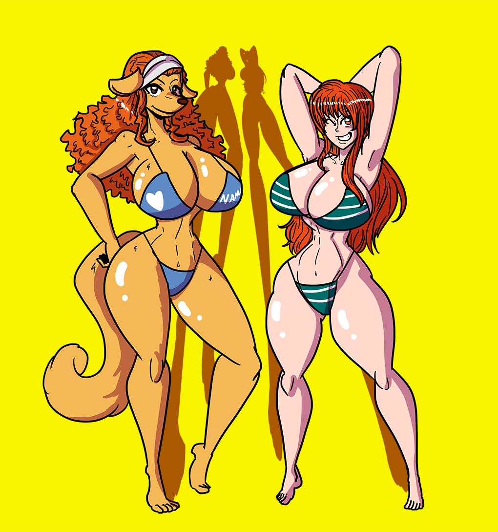 2girls big_breasts bikini bikini_bottom bikini_top curvy_female female female_only furry nami nami_(one_piece) one_piece orange_hair post-timeskip pressingsomebuttons slim_waist thick_thighs wanda_(one_piece) wide_hips