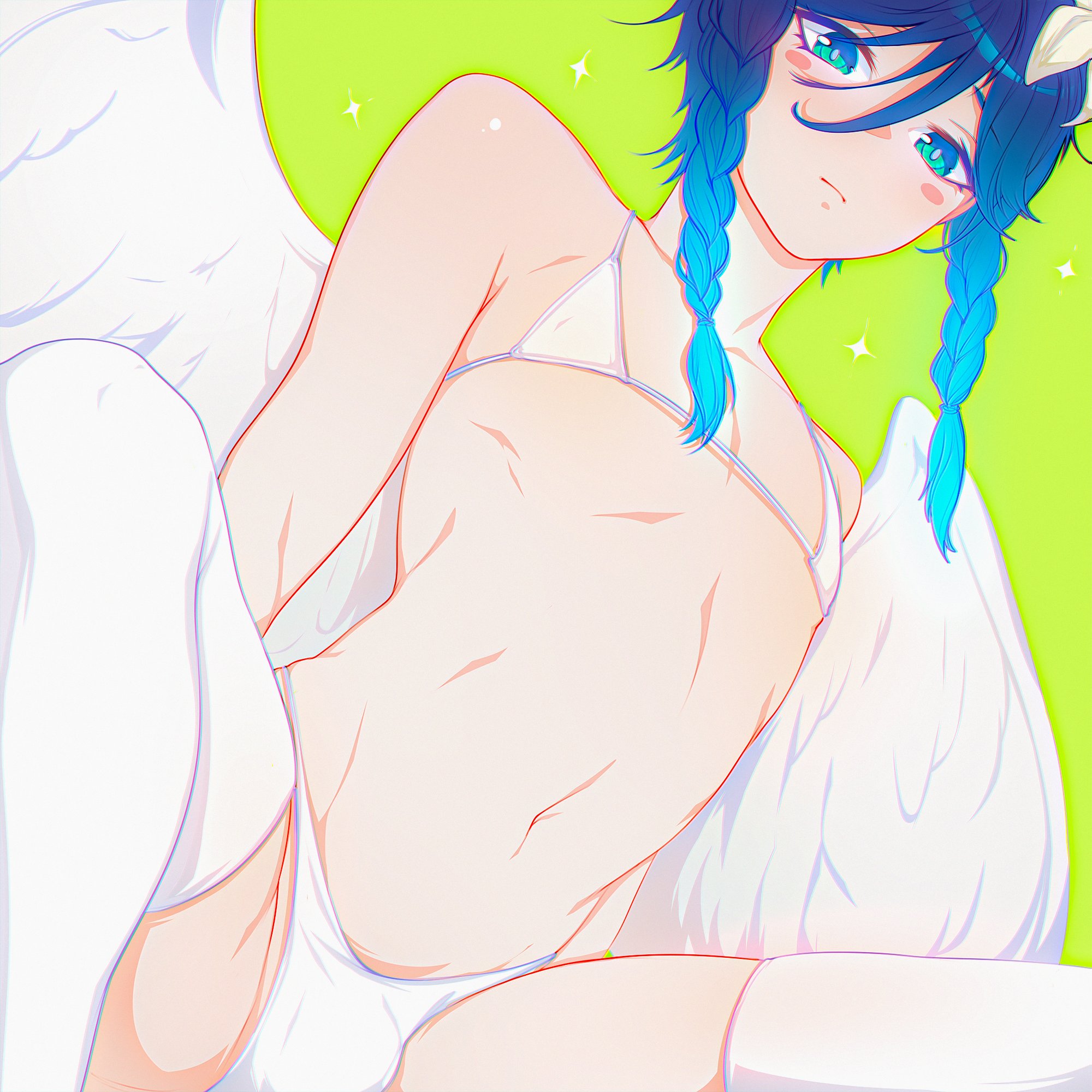 angel wings, barbatos (genshin impact), bikini, blue eyes, blue hair, blush, bulge, femboy, genshin impact, looking at viewer, male, male only, mirann, spread legs, squatting, thighhighs, twin braids, twink, venti (genshin impact), wings