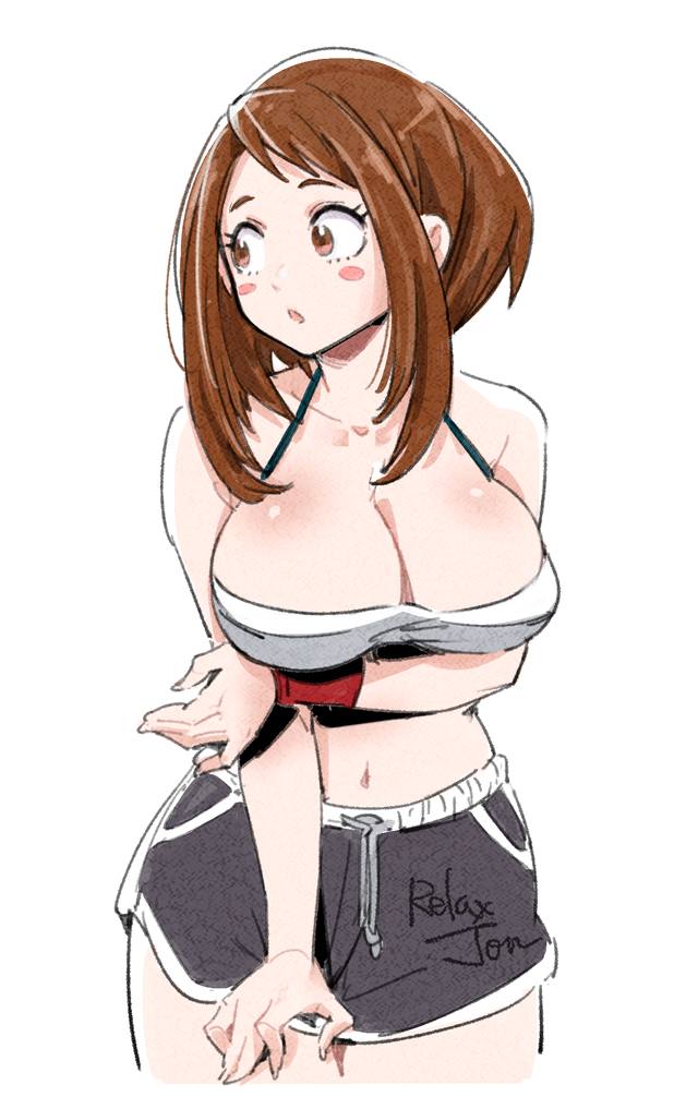 1girls, big breasts, boku no hero academia, booty shorts, breasts, brown hair, brown-haired female, cleavage, female, large breasts, midriff, my hero academia, ochako uraraka, relaxjon, shorts, solo, sportswear, uraraka ochako