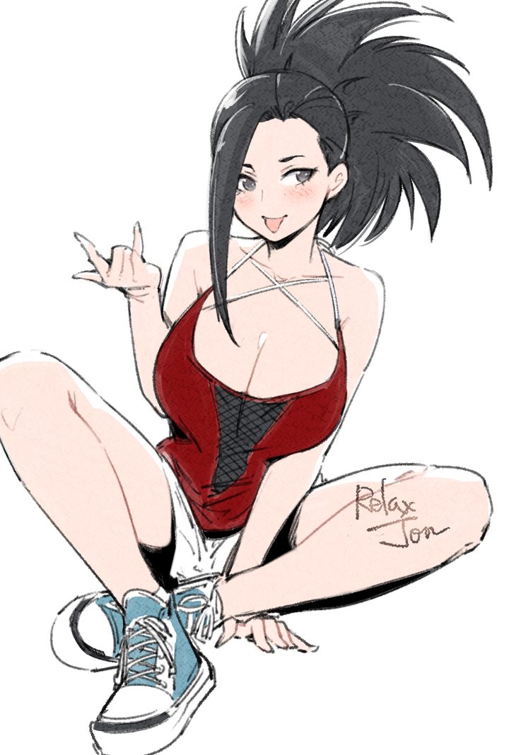 1girls, 2023, artist name, big breasts, black eyes, black hair, black-haired female, blush, blushing, boku no hero academia, bottomwear, breasts, busty, cleavage, clothed, clothed female, clothes, clothing, female, footwear, front view, full body, fully clothed, hair, human, knees apart feet together, large breasts, legs apart, light skin, light-skinned female, long hair, momo yaoyorozu, my hero academia, no nude, ponytail, relaxjon, shirt, shoes, shorts, signature, simple background, sitting, smile, smiling, sneakers, solo, thighs, tongue, tongue out, top heavy, topwear, white background, yaoyorozu momo