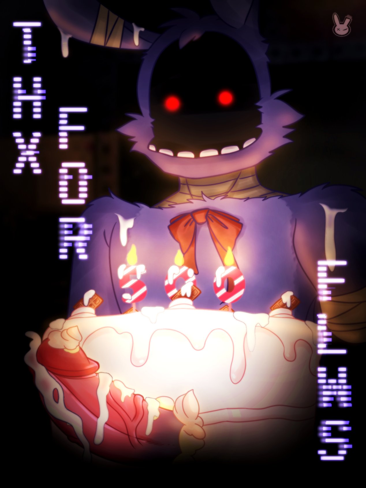 animatronic anthro bandage bandaged_arm bodily_fluids bow_tie cake candle celebration cum cum_on_self dessert digital_drawing_(artwork) digital_media_(artwork) ejaculation faceless_character fire five_nights_at_freddy's five_nights_at_freddy's_2 food food_fetish food_play fur genital_fluids genitals hi_res hornbunxx lagomorph leporid machine male male_only mammal penis purple_body purple_fur rabbit red_eyes robot scottgames solo teeth text watermark withered_bonnie