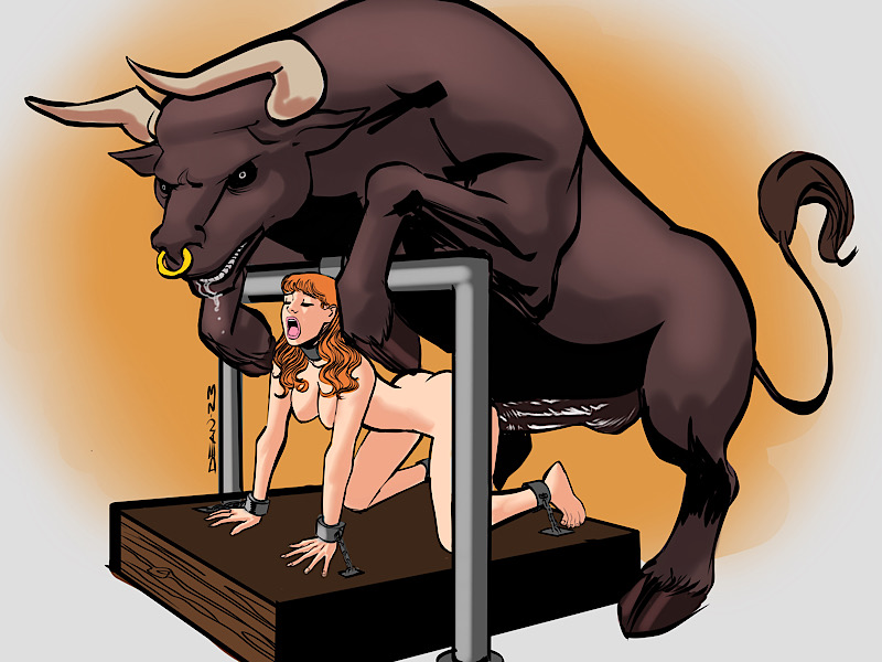 animal genitalia, bondage, bull, collar, deanartxx, on hands and knees, rape, red hair, zoophilia