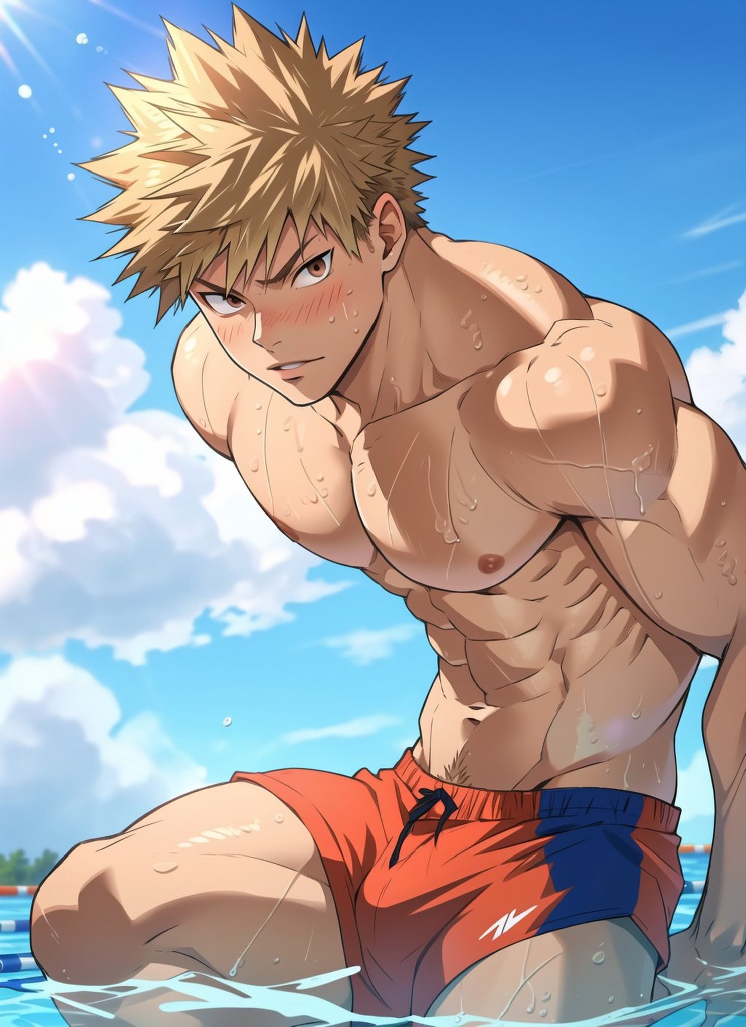 1boy, ai generated, blush, blushing at viewer, blushing male, bobsi, bottomwear, gay, katsuki bakugou, male, male only, muscular, muscular male, my hero academia, nipples, topless, yaoi