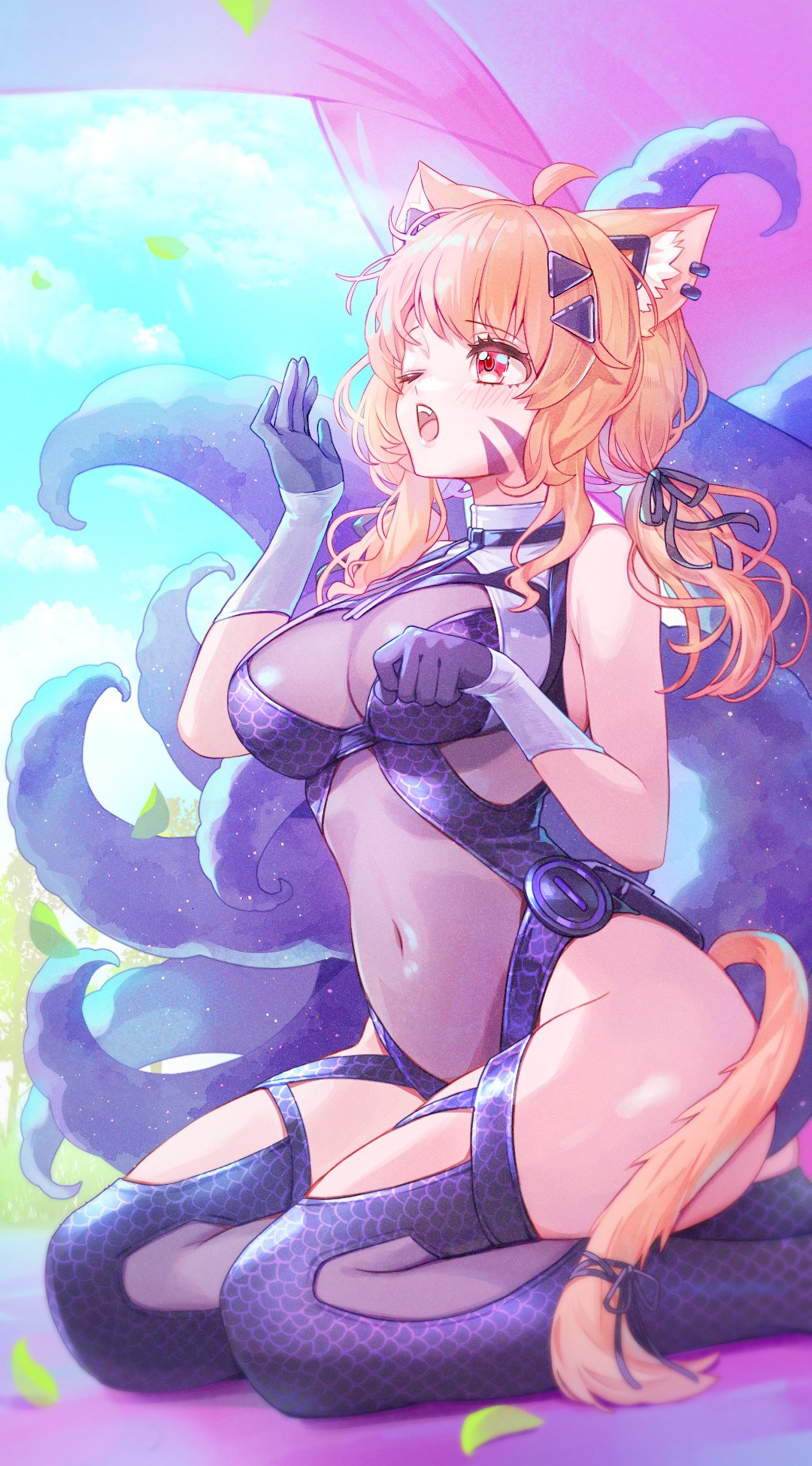 1girls, ahoge, animal ears, bangs, bare shoulders, black gloves, black legwear, blonde hair, breasts, brown hair, cat ears, cat girl, cat tail, catgirl, cleavage, face markings, facial mark, female, female only, fishnets, fox tail, gloves, hair ornament, hair ribbon, hairclip, large breasts, leotard, long hair, looking at viewer, low twintails, medium breasts, navel, one eye closed, open mouth, red eyes, ribbon, sitting, sleeveless, solo, squchan (vtuber), tail, tentacle, tentacles, thigh strap, thighhighs, torn clothes, torn legwear, twintails, underwear, virtual youtuber, vyugen