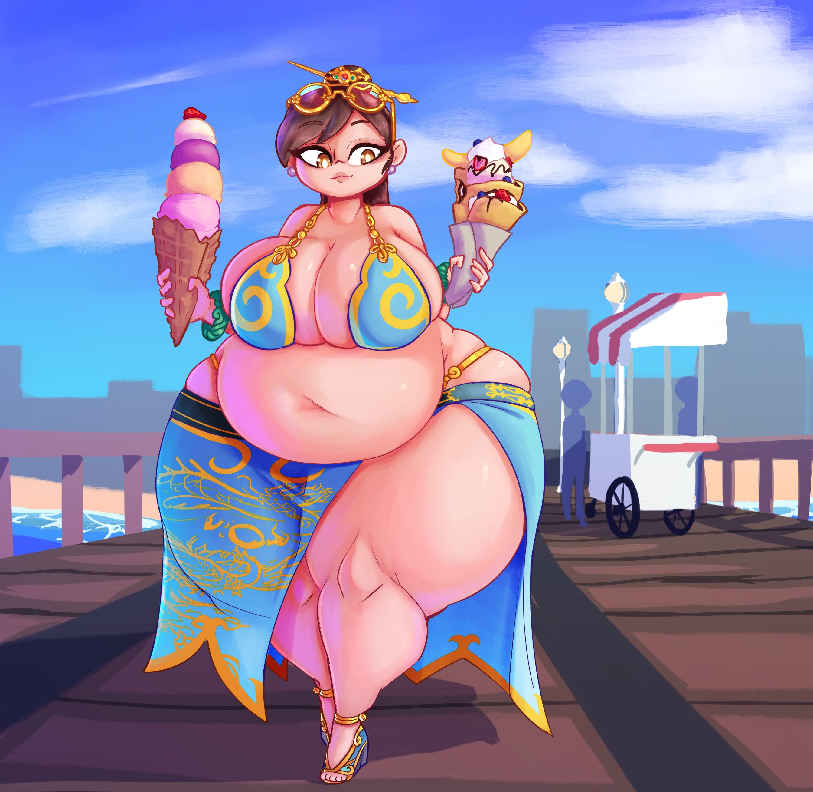 1girls, 2023, absurd res, bbw, belly, bikini, breasts, brown hair, capcom, chubby, chubby female, chun-li, curvaceous, curvy, earrings, female, female focus, gigantic thighs, hips, huge belly, huge breasts, huge thighs, long hair, mysterydad, overweight, overweight female, solo, solo female, solo focus, street fighter, sunglasses, sunglasses on head, swimsuit, swimwear, thick thighs, thighs, tummy, voluptuous, wide hips