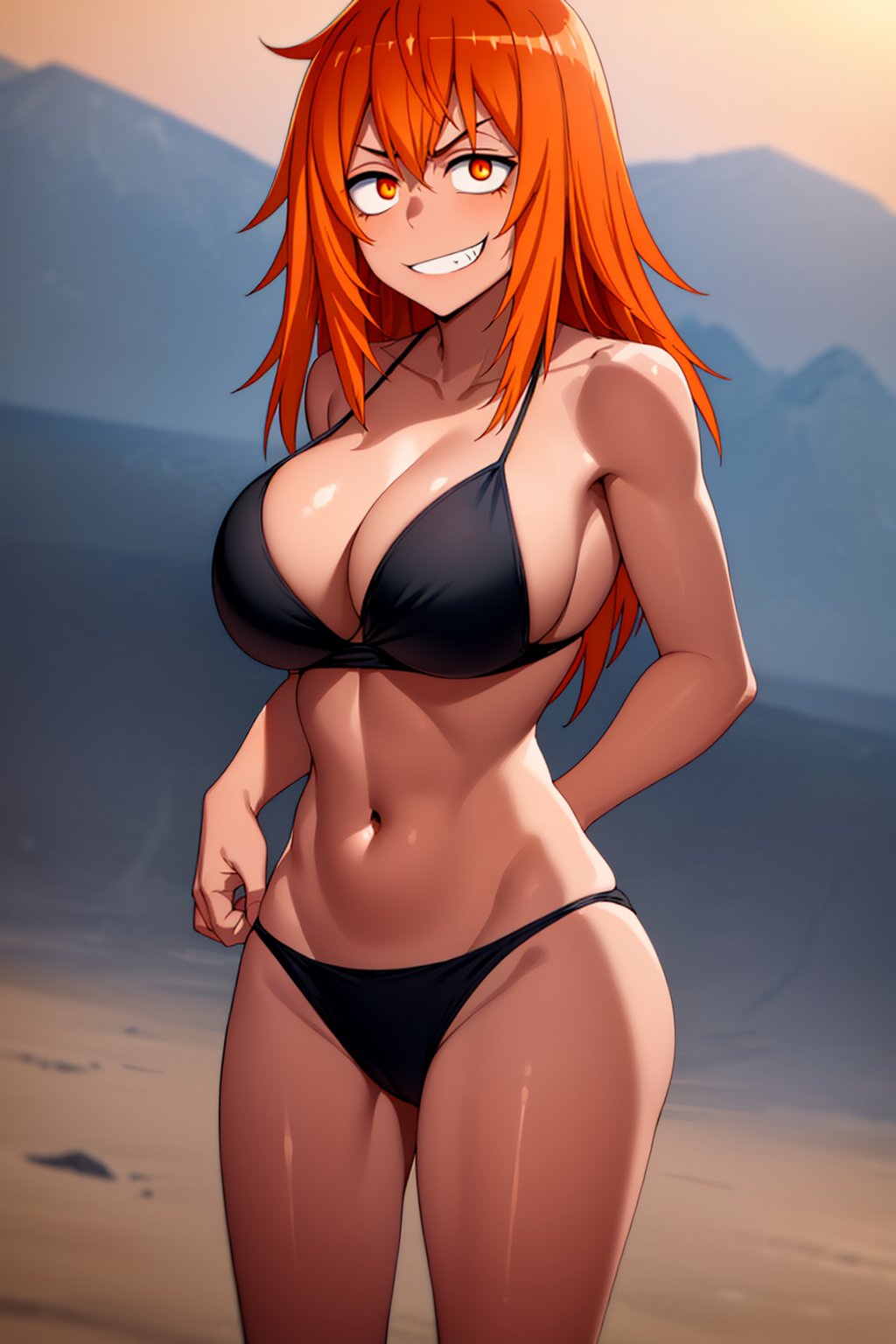 1girls, abs, ai generated, beach, big breasts, bikini, blush, breasts, clothed, clothing, curvy, female, female focus, female only, gamo-chan, hi res, highres, long hair, looking at viewer, orange eyes, orange hair, please don't bully me, nagatoro, revealing clothes, shiny skin, simple background, smirk, smug, solo, stable diffusion, sunset, thick thighs, wide hips