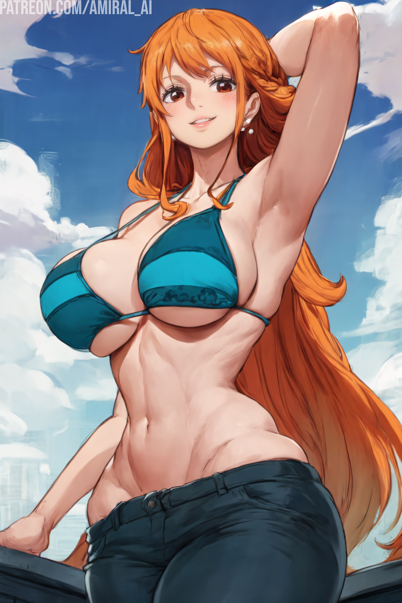 1girls, ai generated, amiral ai, armpits, bikini, bikini top, breasts, female, female only, jeans, large breasts, light skin, light-skinned female, long hair, nami (one piece), one piece, orange hair, post-timeskip, presenting armpit, simple background, stable diffusion